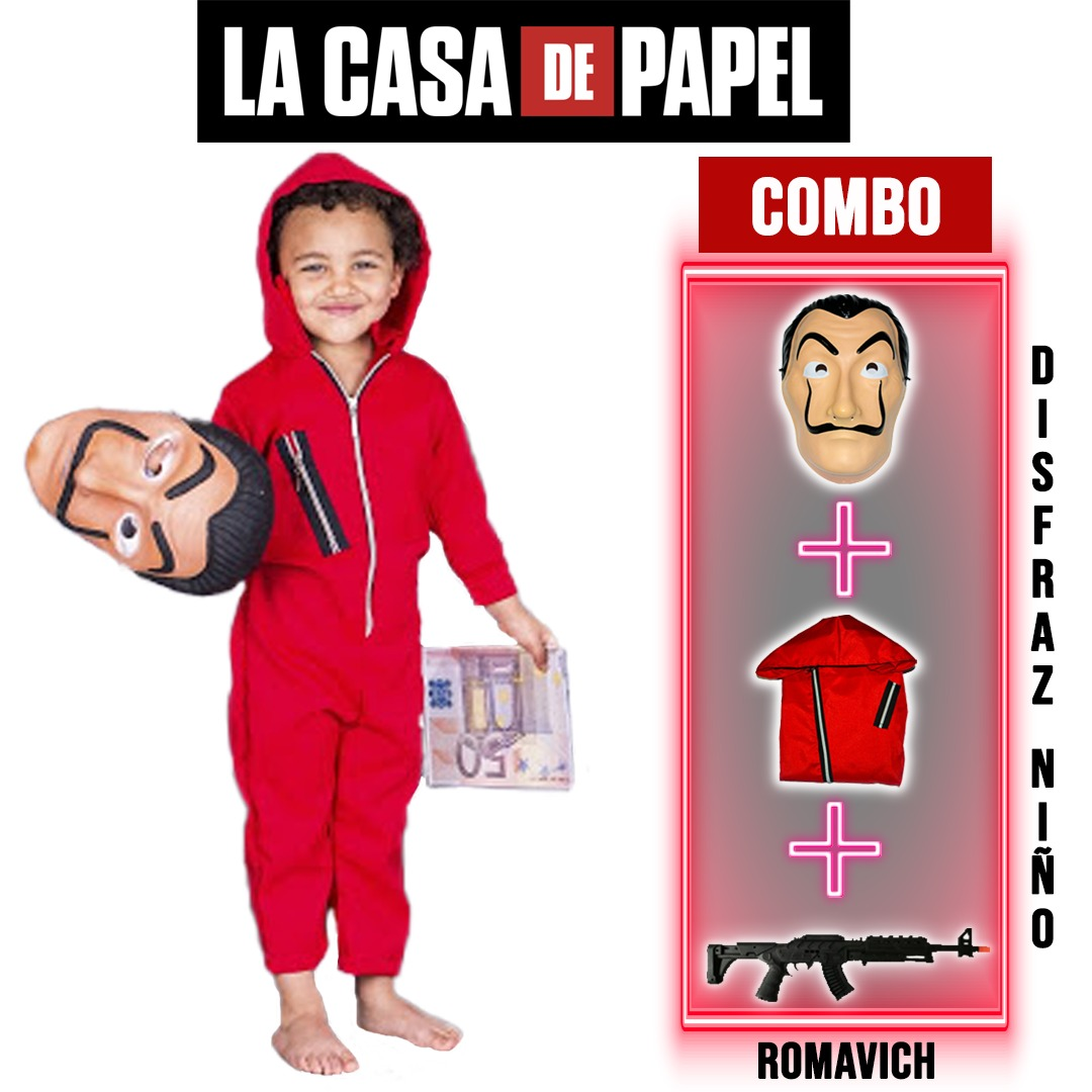 Disfraz Guardia Encapuchado Española Casa De Papel (overol + Máscara + Rifle)